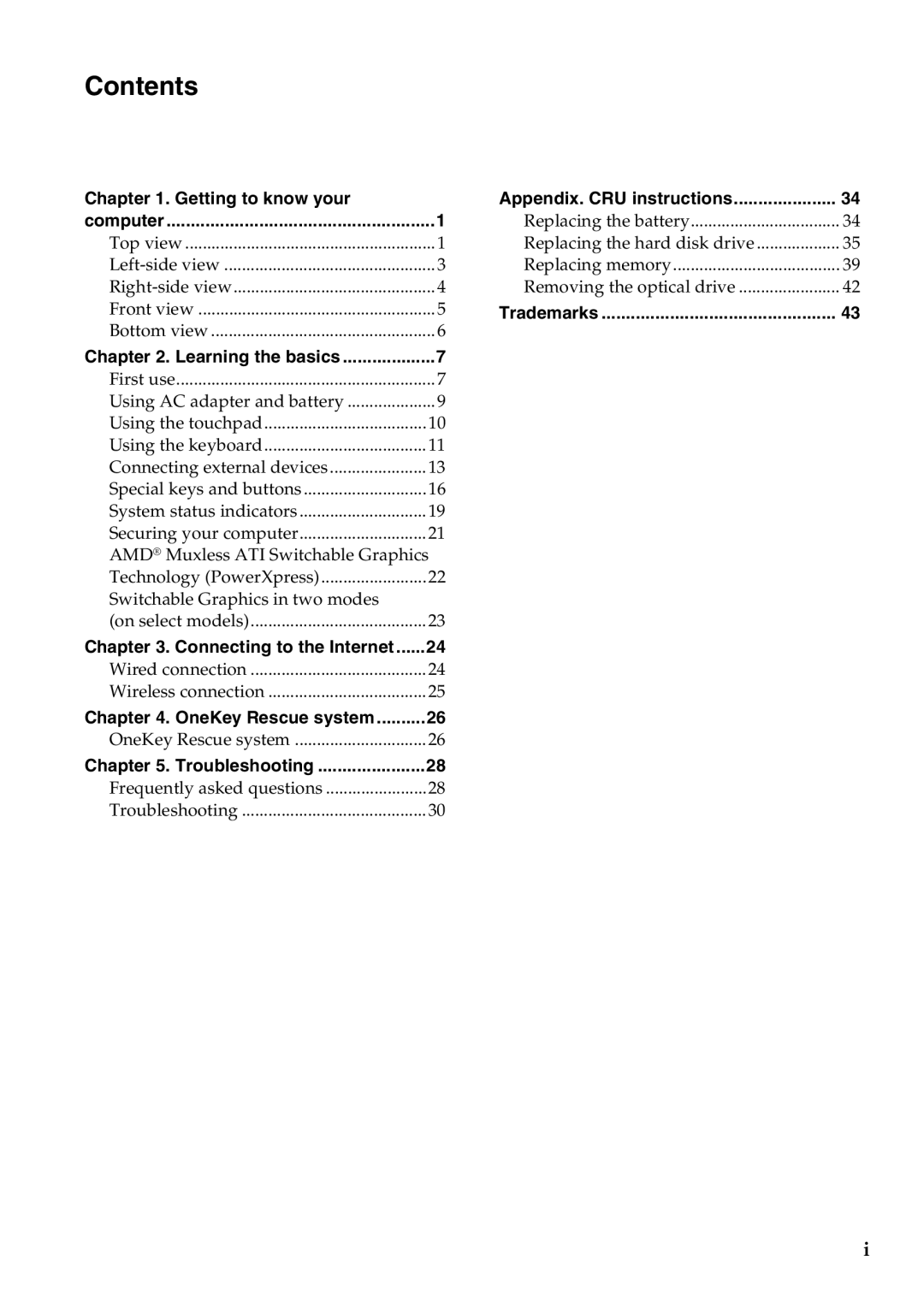 Lenovo Y471A manual Contents 