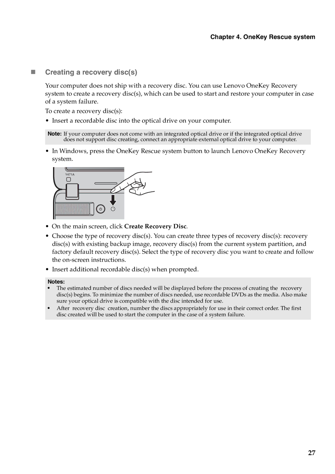 Lenovo Y471A manual „ Creating a recovery discs, OneKey Rescue system 