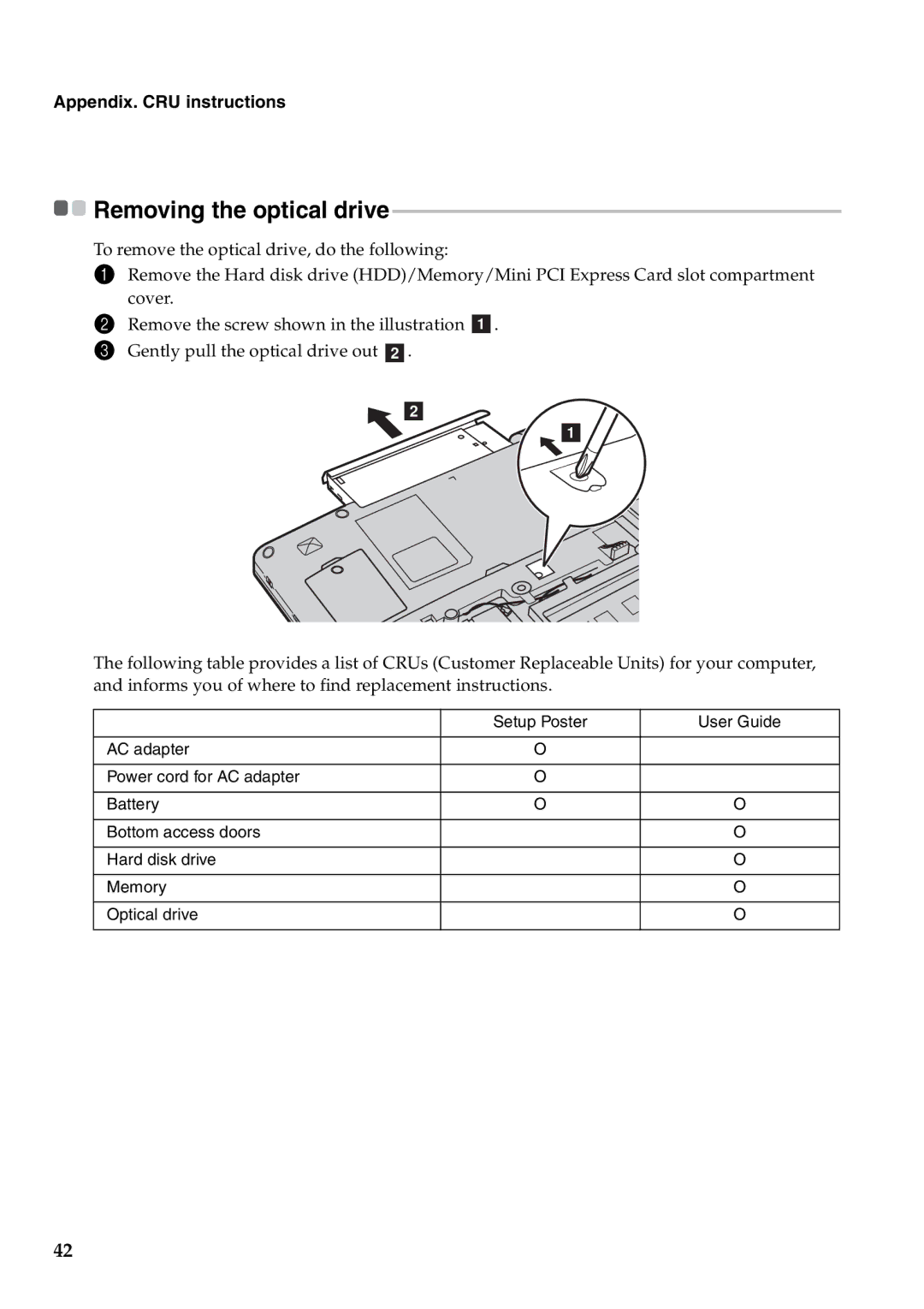 Lenovo Y471A manual Removing the optical drive 