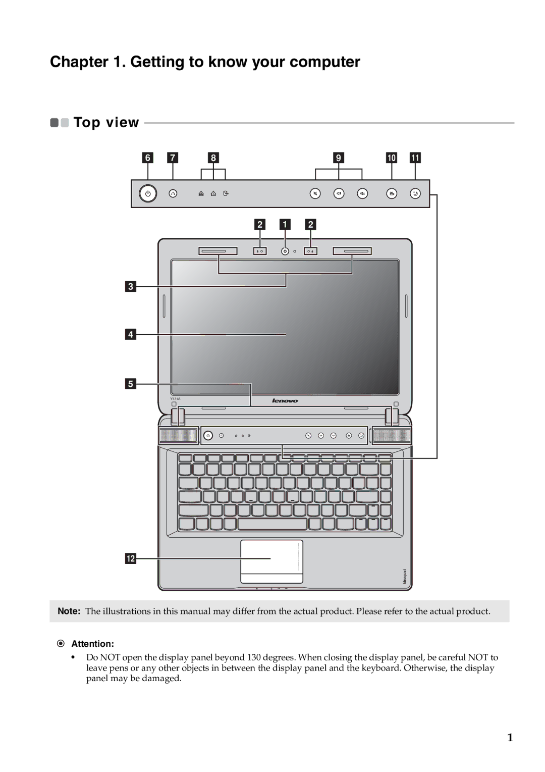 Lenovo Y471A manual Getting to know your computer, Top view 