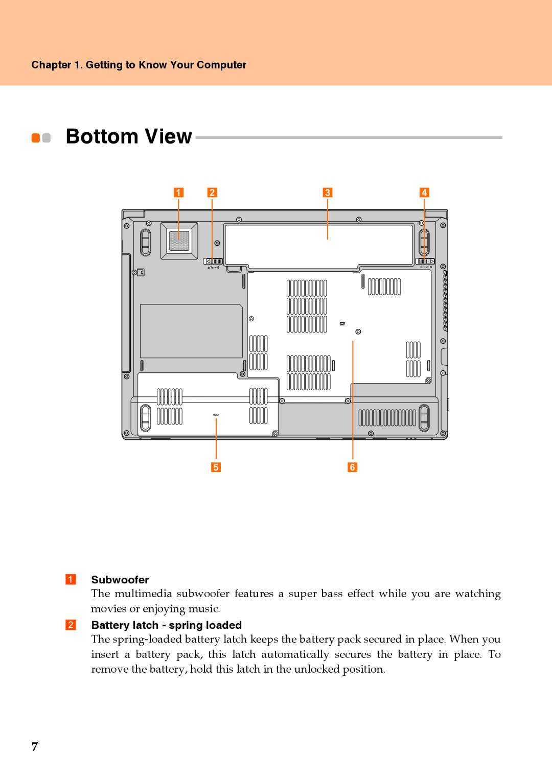 Lenovo Y510 warranty Bottom View, Getting to Know Your Computer, a Subwoofer, b Battery latch - spring loaded 