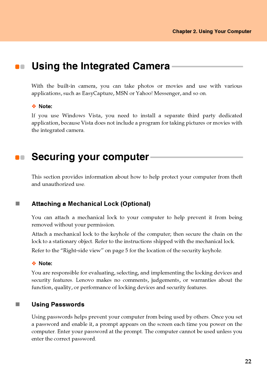 Lenovo Y510 Using the Integrated Camera, Securing your computer, „ Using Passwords, „ Attaching a Mechanical Lock Optional 