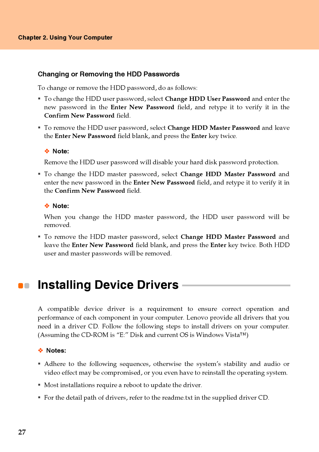 Lenovo Y510 warranty Installing Device Drivers, Using Your Computer, ™ Notes 