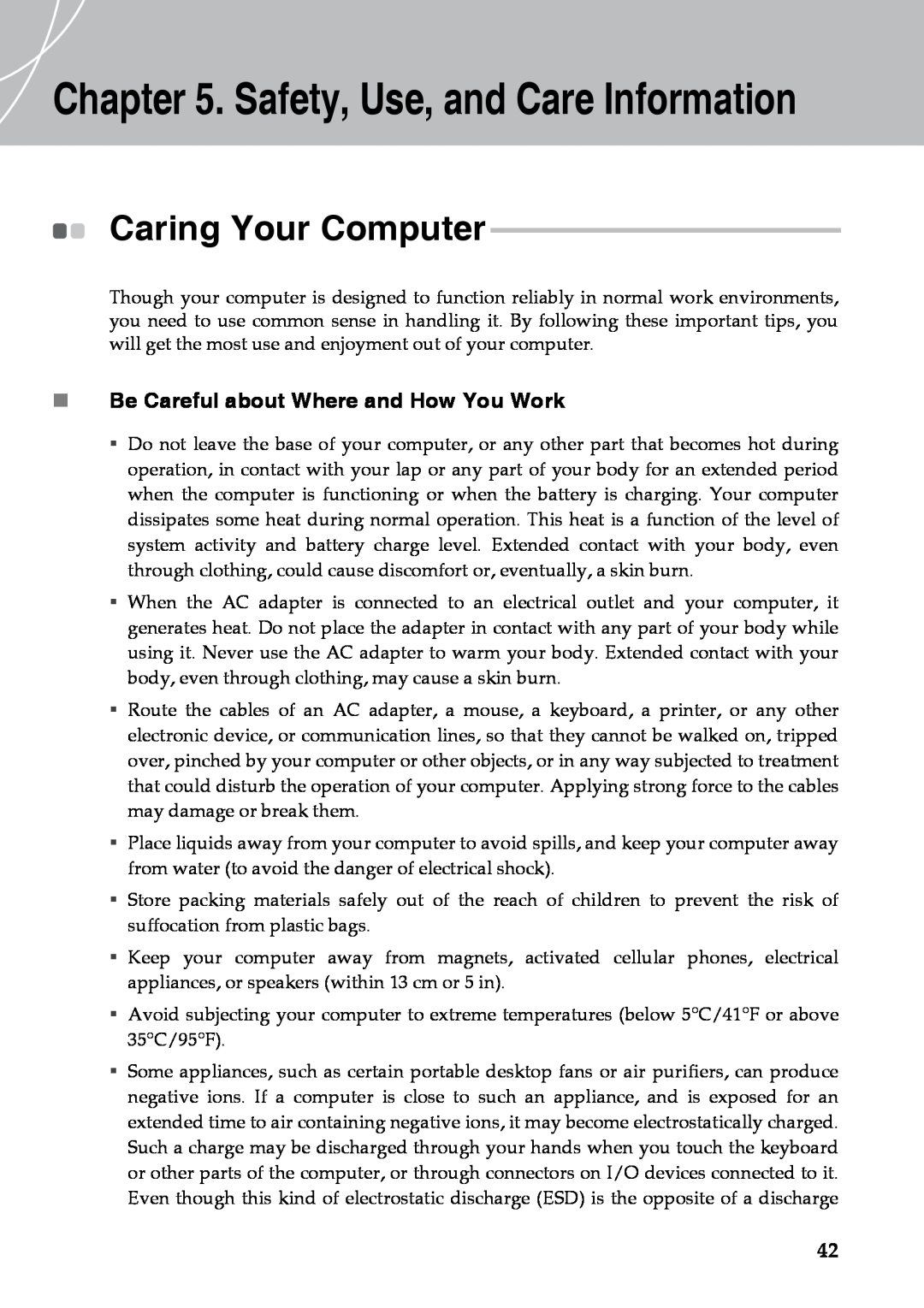 Lenovo Y510 warranty Safety, Use, and Care Information, Caring Your Computer, „ Be Careful about Where and How You Work 