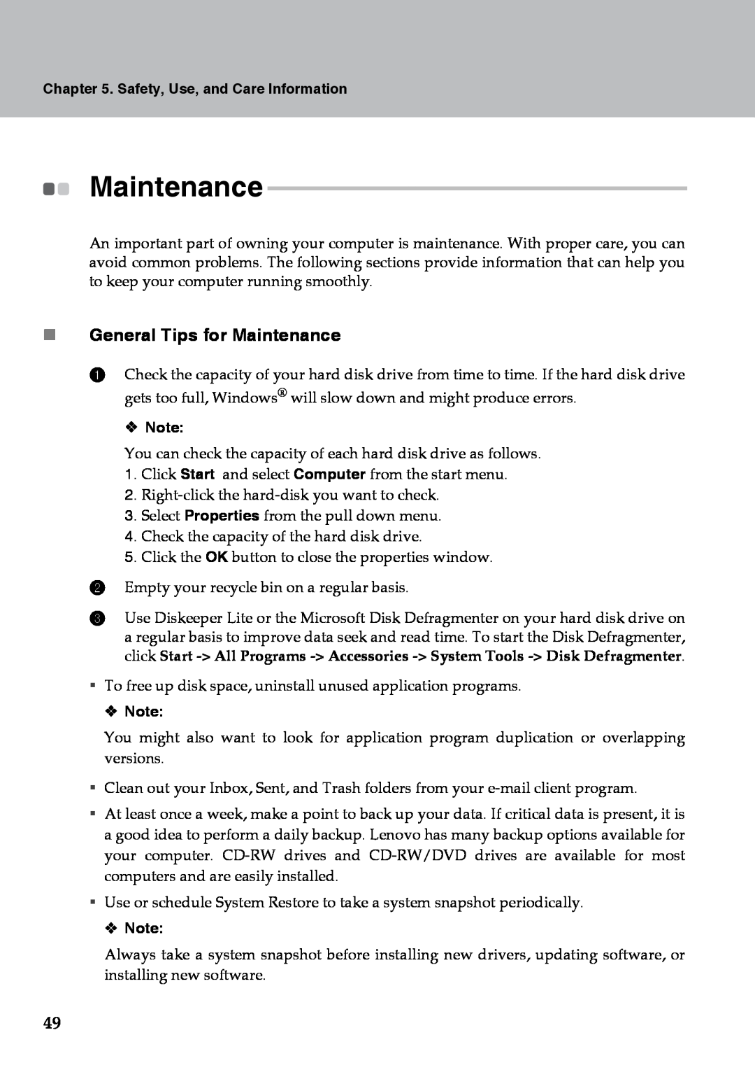 Lenovo Y510 warranty „ General Tips for Maintenance, Safety, Use, and Care Information, ™ Note 