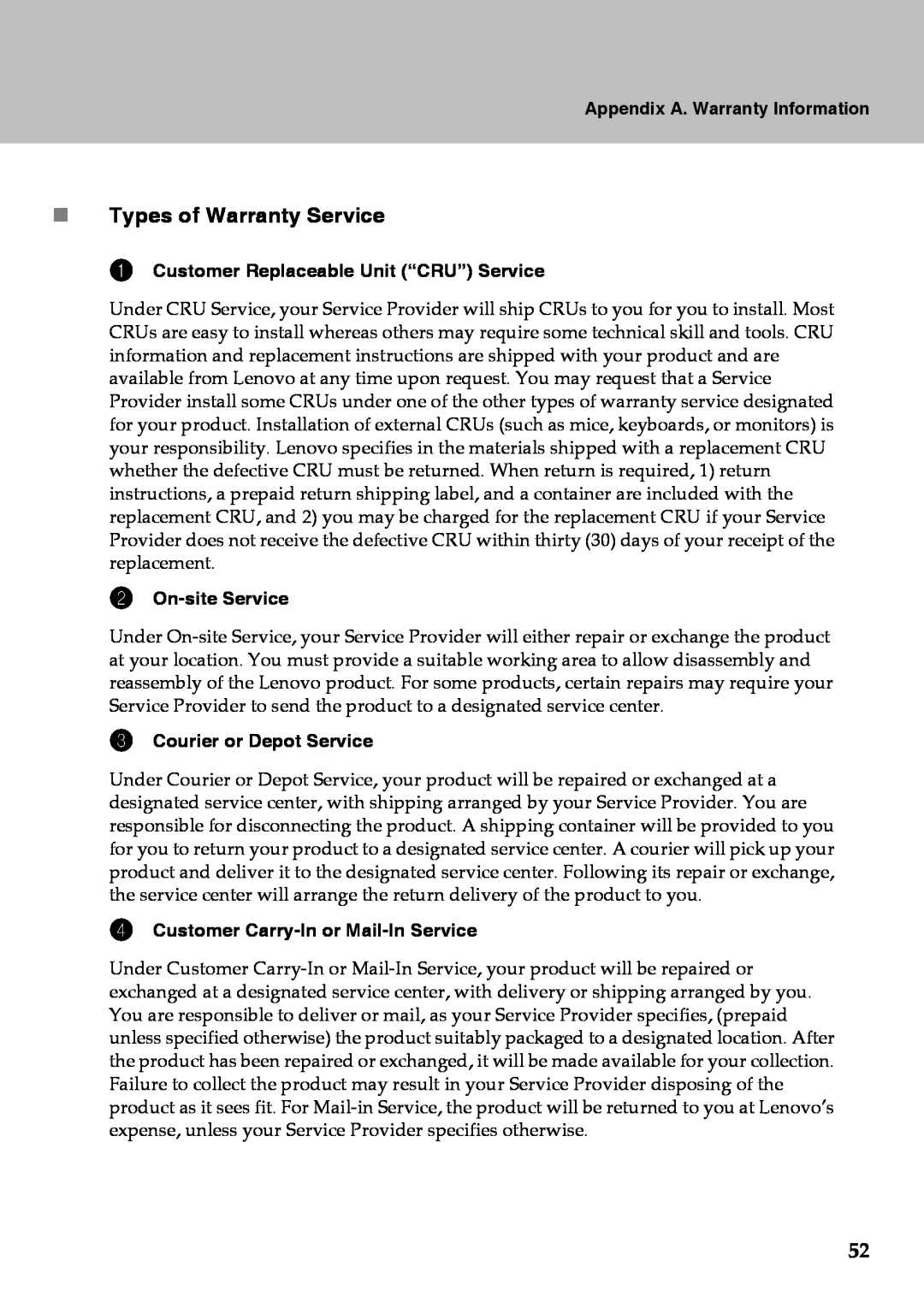Lenovo Y510 warranty „ Types of Warranty Service, Appendix A. Warranty Information, Customer Replaceable Unit “CRU” Service 