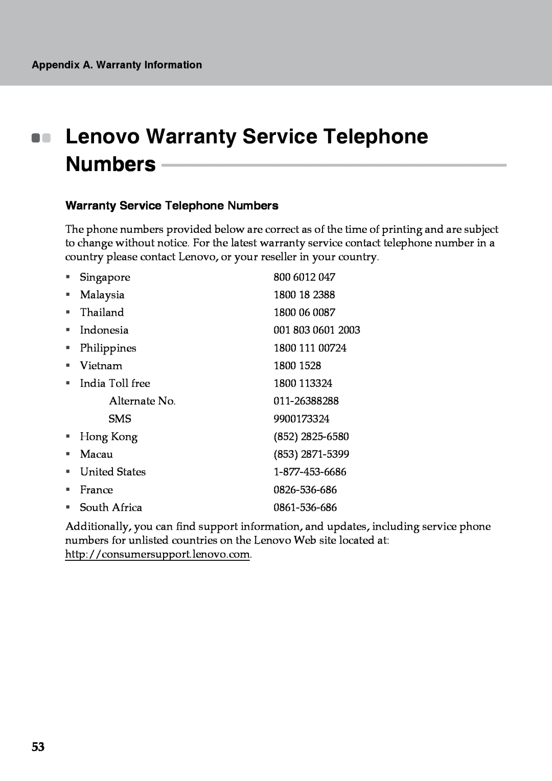 Lenovo Y510 Lenovo Warranty Service Telephone, Warranty Service Telephone Numbers, Appendix A. Warranty Information 