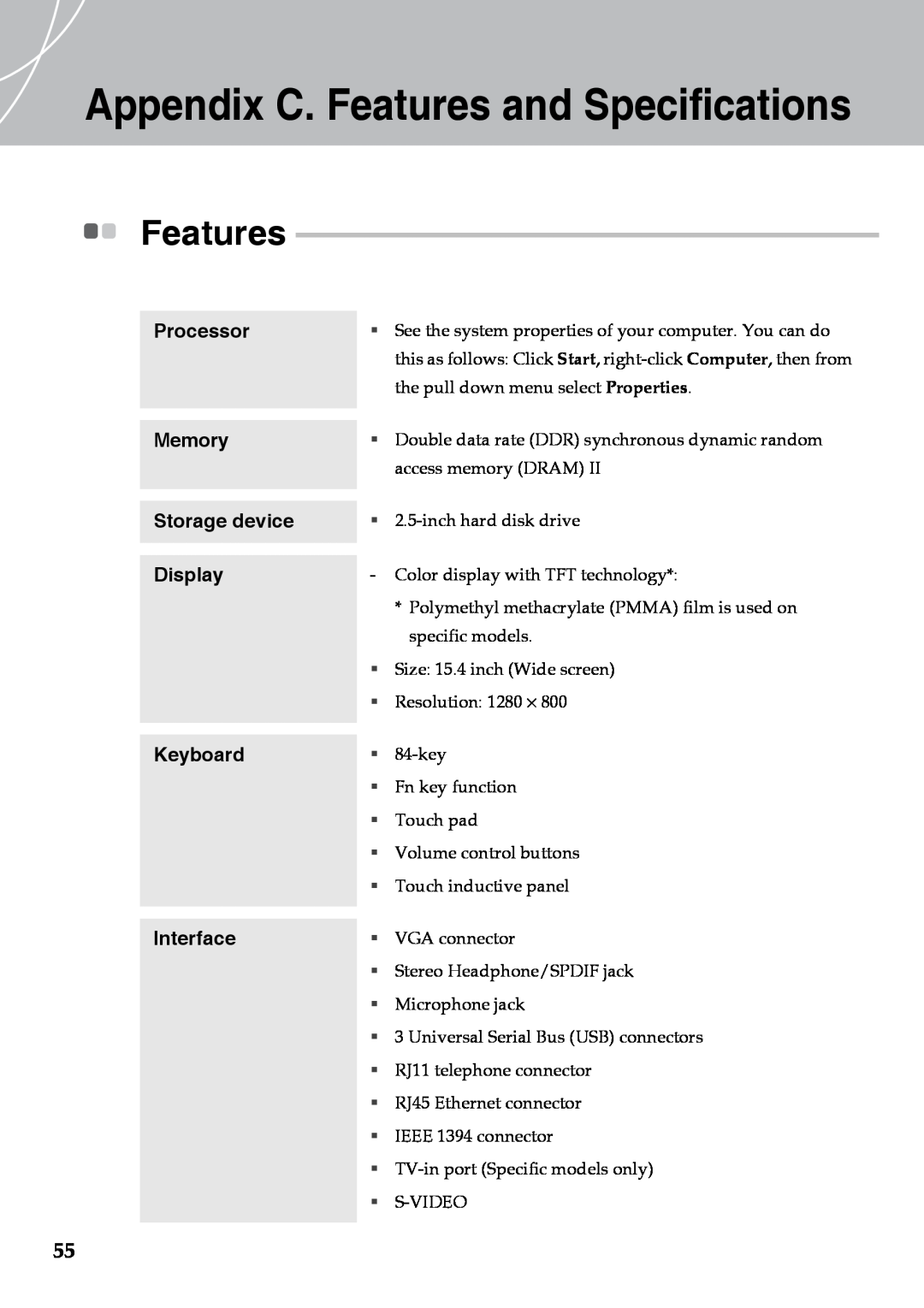 Lenovo Y510 warranty Appendix C. Features and Specifications 