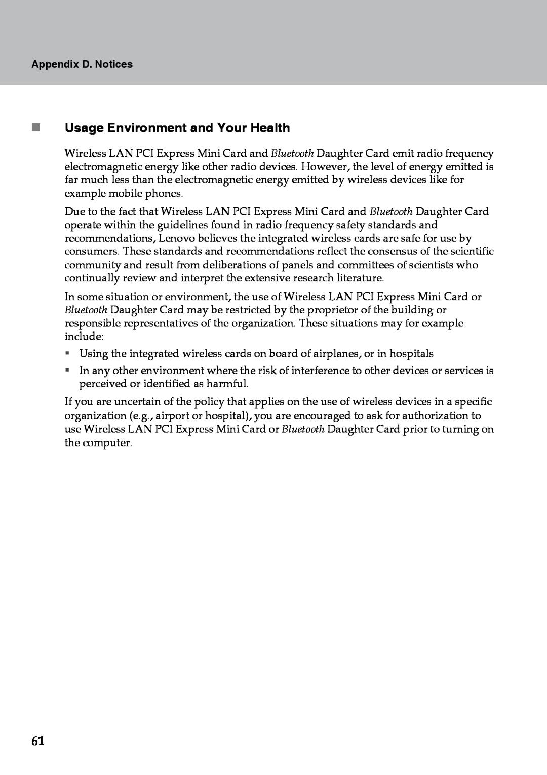Lenovo Y510 warranty „ Usage Environment and Your Health, Appendix D. Notices 