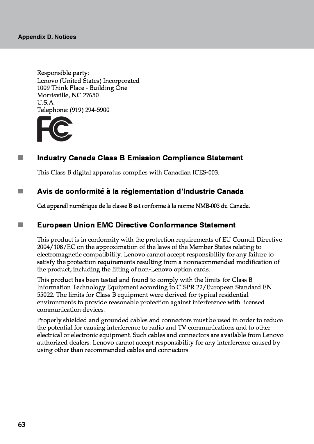 Lenovo Y510 „ Industry Canada Class B Emission Compliance Statement, „ European Union EMC Directive Conformance Statement 