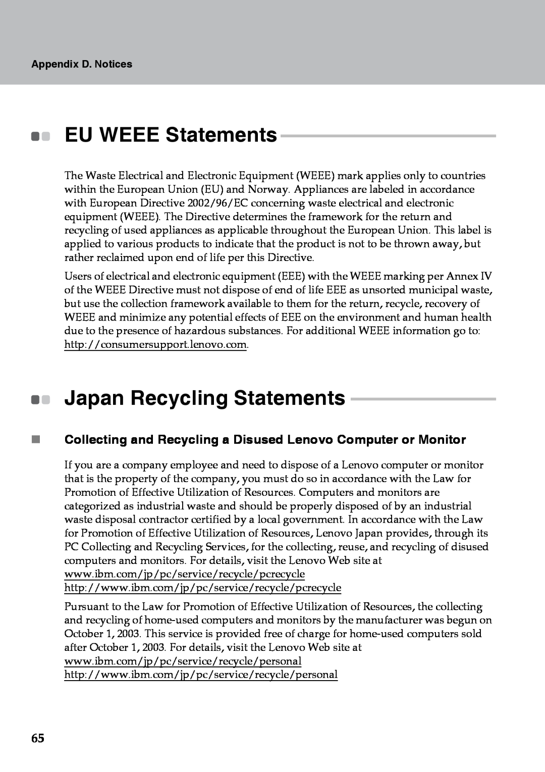 Lenovo Y510 warranty EU WEEE Statements, Japan Recycling Statements, Appendix D. Notices 