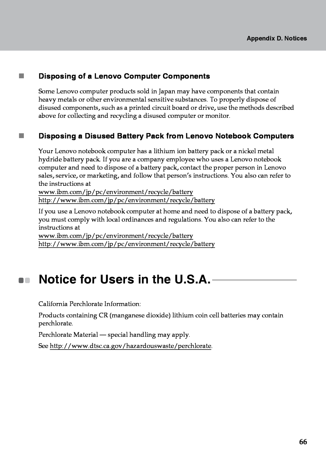 Lenovo Y510 warranty Notice for Users in the U.S.A, „ Disposing of a Lenovo Computer Components, Appendix D. Notices 