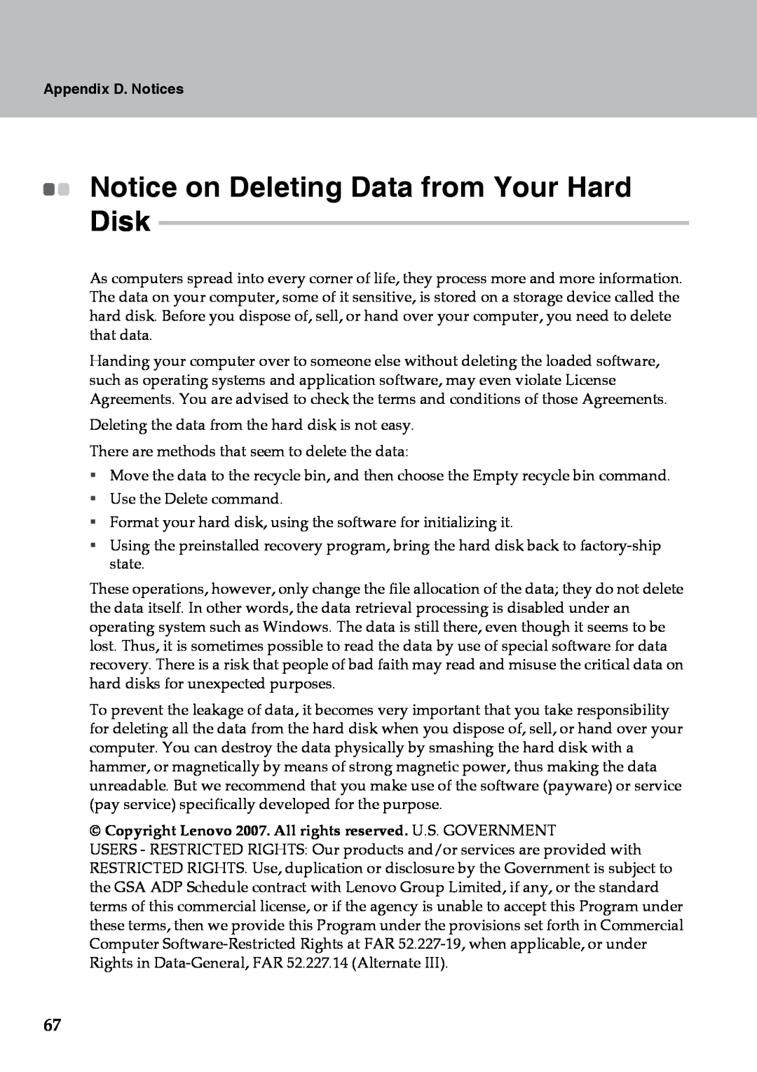 Lenovo Y510 warranty Notice on Deleting Data from Your Hard Disk, Appendix D. Notices 