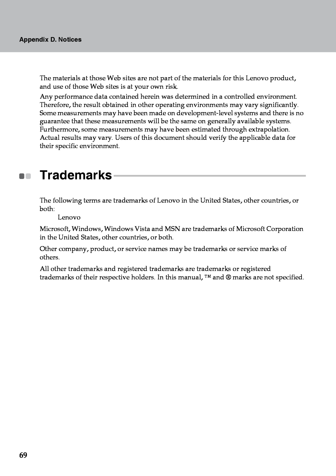Lenovo Y510 warranty Trademarks, Appendix D. Notices 