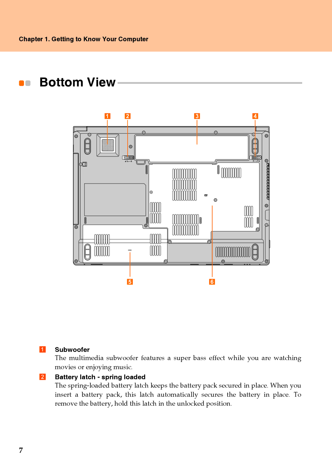 Lenovo Y510 warranty Bottom View, Subwoofer, Battery latch spring loaded 