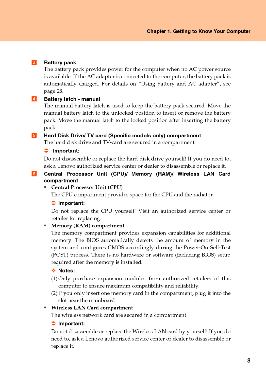 Lenovo Y510 warranty Getting to Know Your Computer Battery pack, Battery latch manual, ™ Notes 