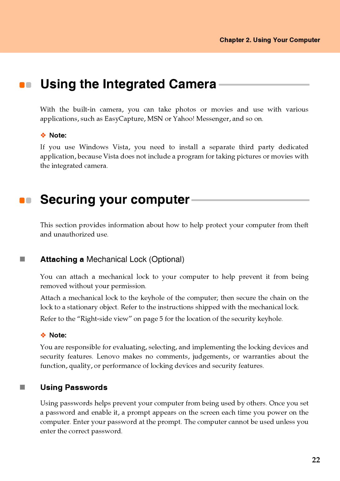 Lenovo Y510 warranty Using the Integrated Camera, Securing your computer, „ Using Passwords 