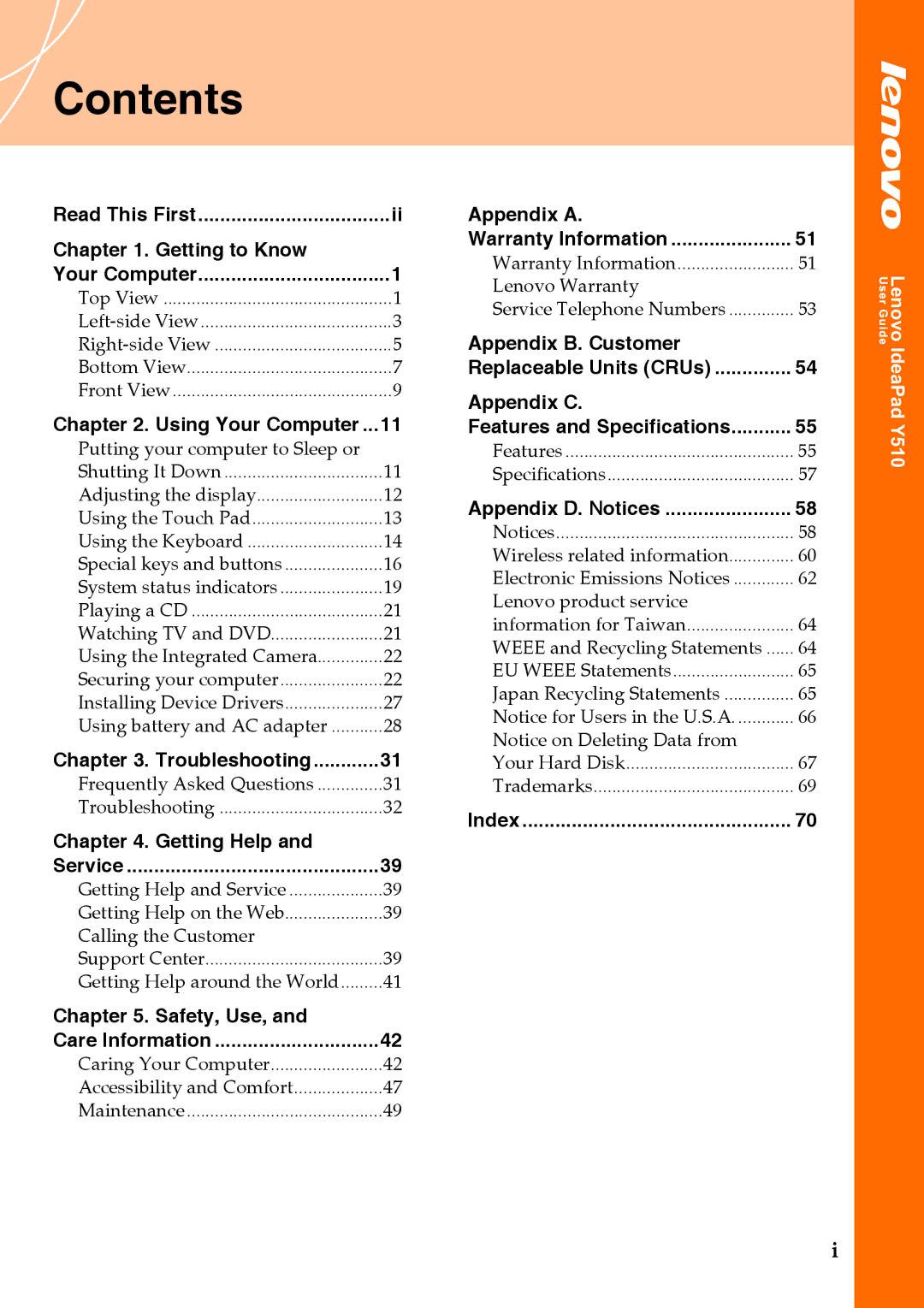 Lenovo Y510 warranty Contents 