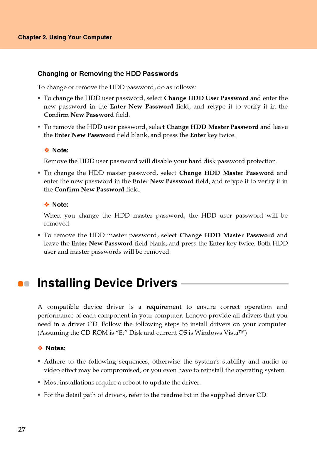 Lenovo Y510 warranty Installing Device Drivers, Changing or Removing the HDD Passwords 