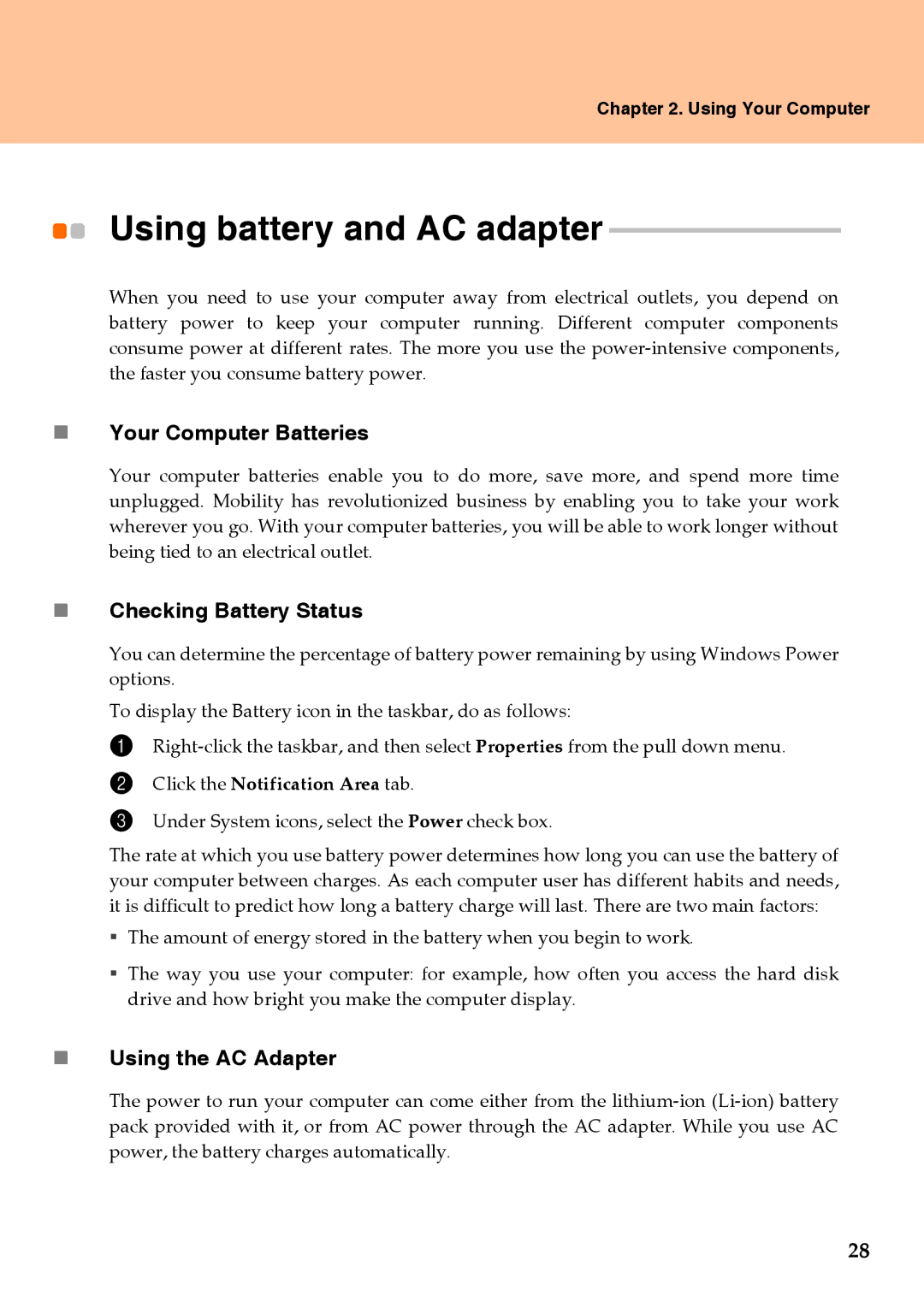 Lenovo Y510 Using battery and AC adapter, „ Your Computer Batteries, „ Checking Battery Status, „ Using the AC Adapter 