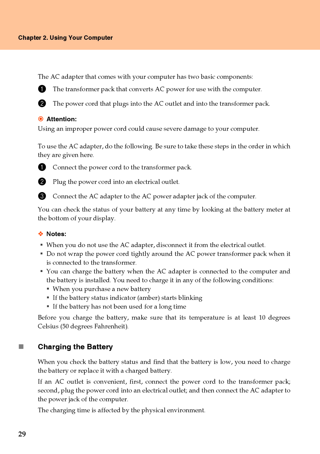 Lenovo Y510 warranty „ Charging the Battery, € Attention 