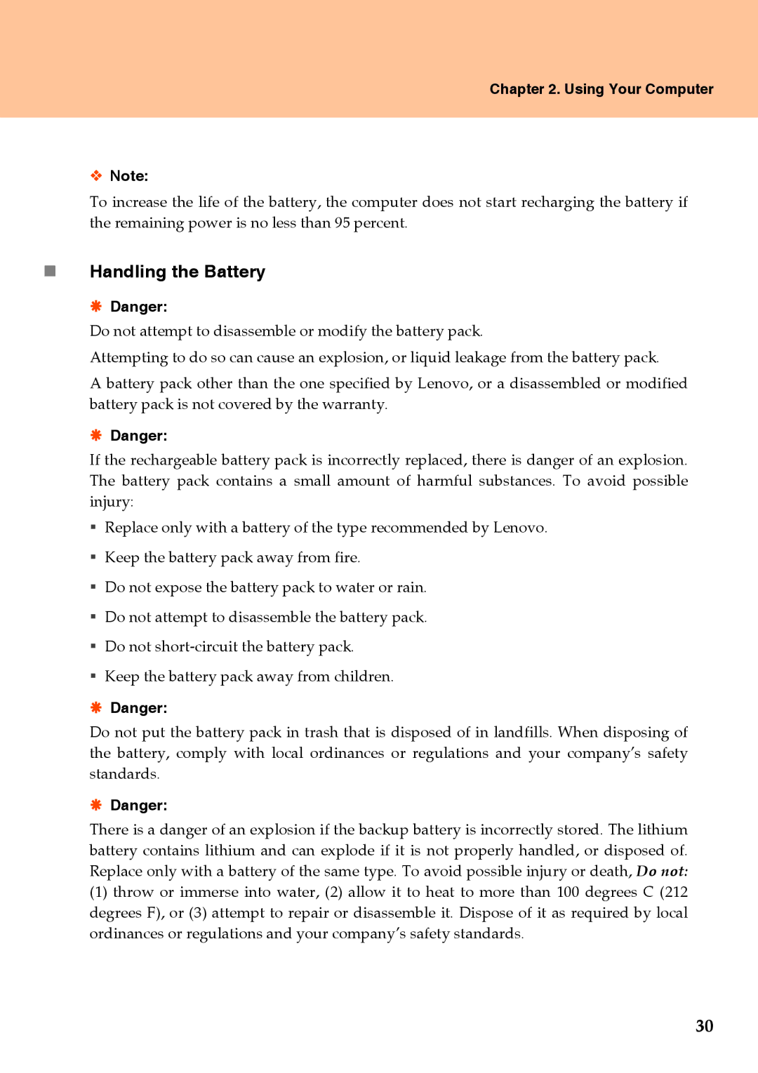 Lenovo Y510 warranty „ Handling the Battery, Using Your Computer ™ Note 