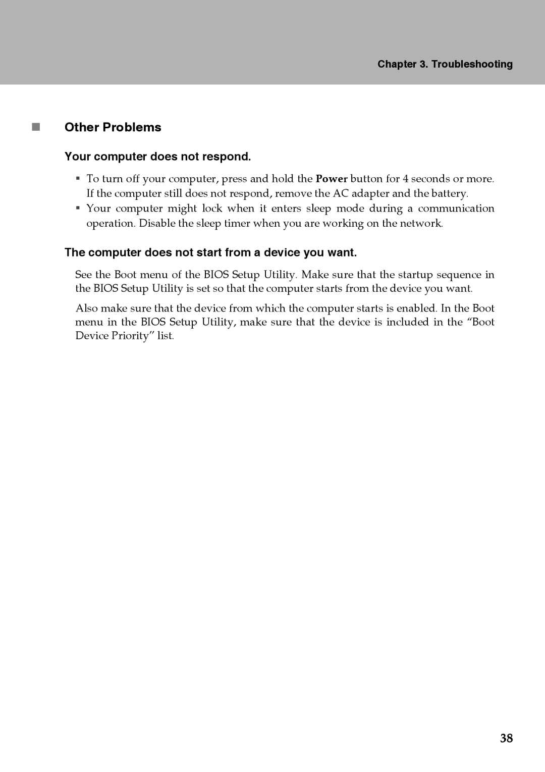 Lenovo Y510 warranty „ Other Problems, Your computer does not respond, Computer does not start from a device you want 