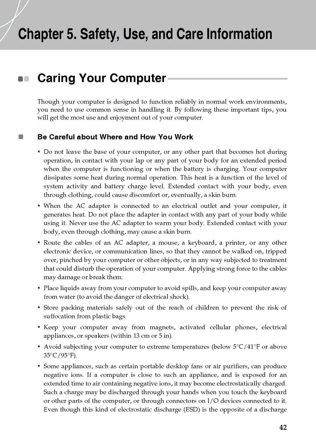 Lenovo Y510 warranty Caring Your Computer, „ Be Careful about Where and How You Work 