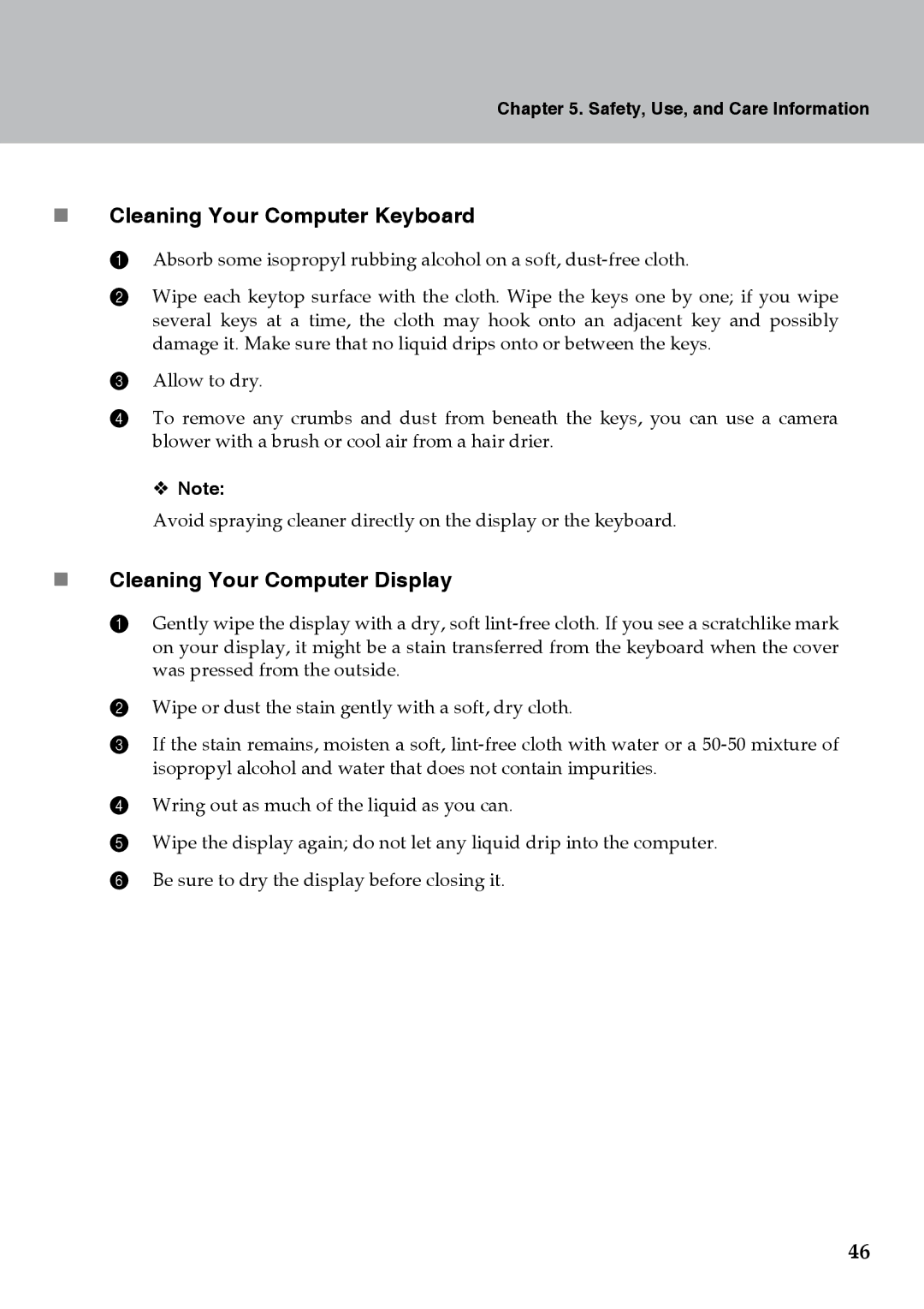 Lenovo Y510 warranty „ Cleaning Your Computer Keyboard, „ Cleaning Your Computer Display 