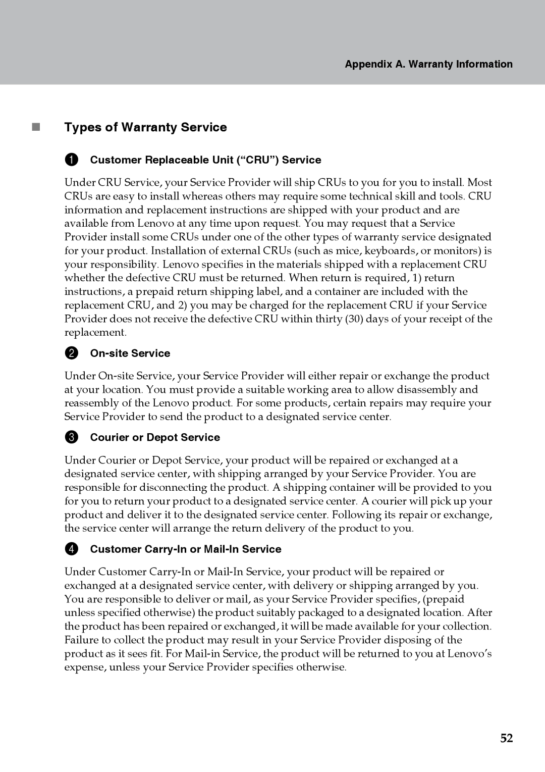 Lenovo Y510 warranty „ Types of Warranty Service 