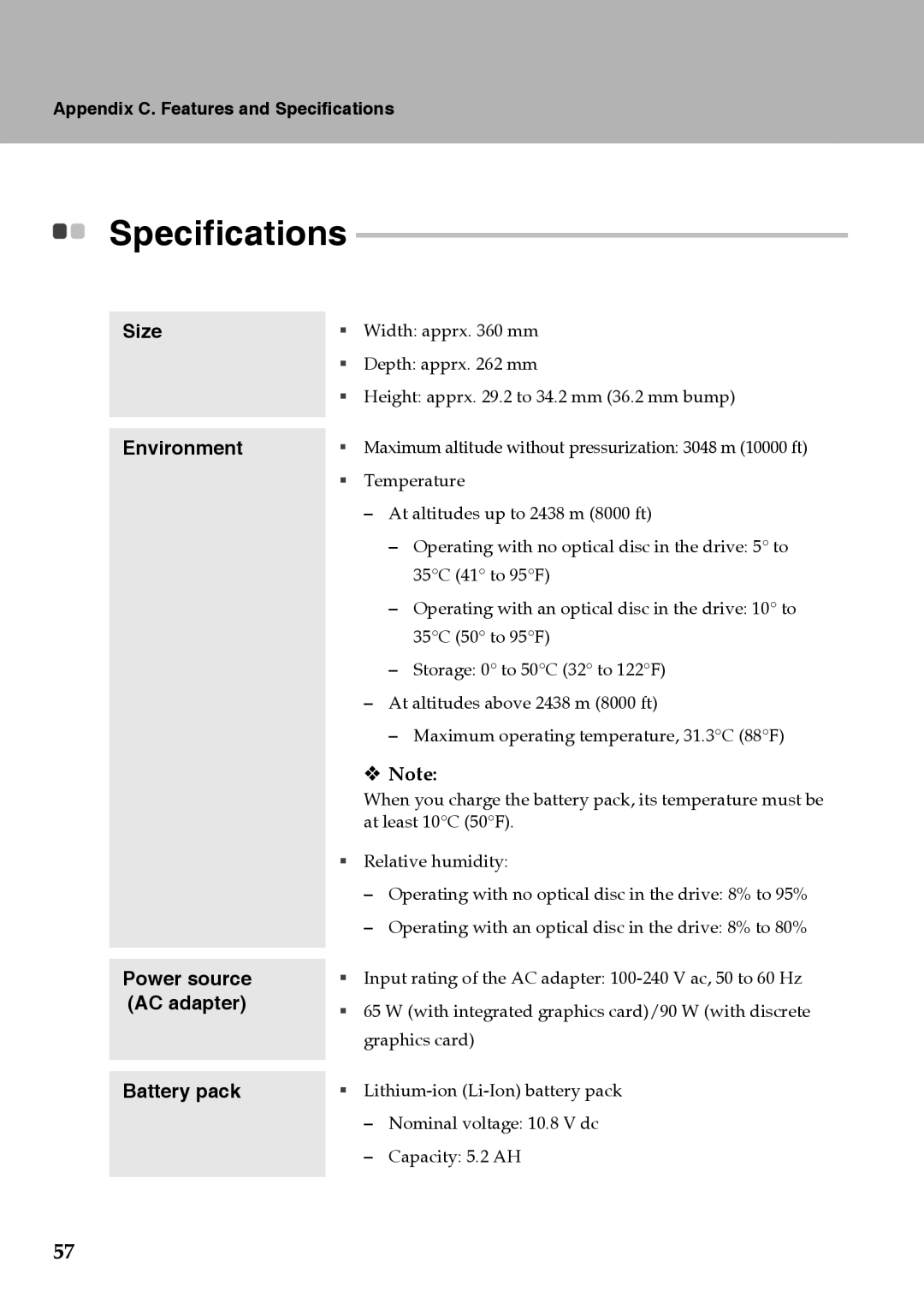 Lenovo Y510 warranty Specifications, Size Environment Power source AC adapter Battery pack 