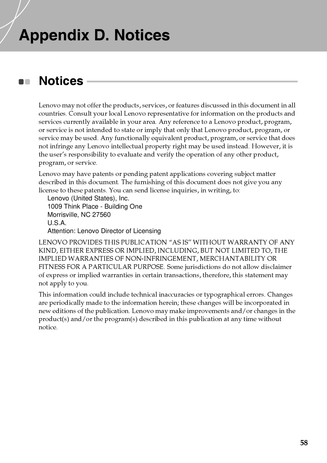 Lenovo Y510 warranty Appendix D. Notices 