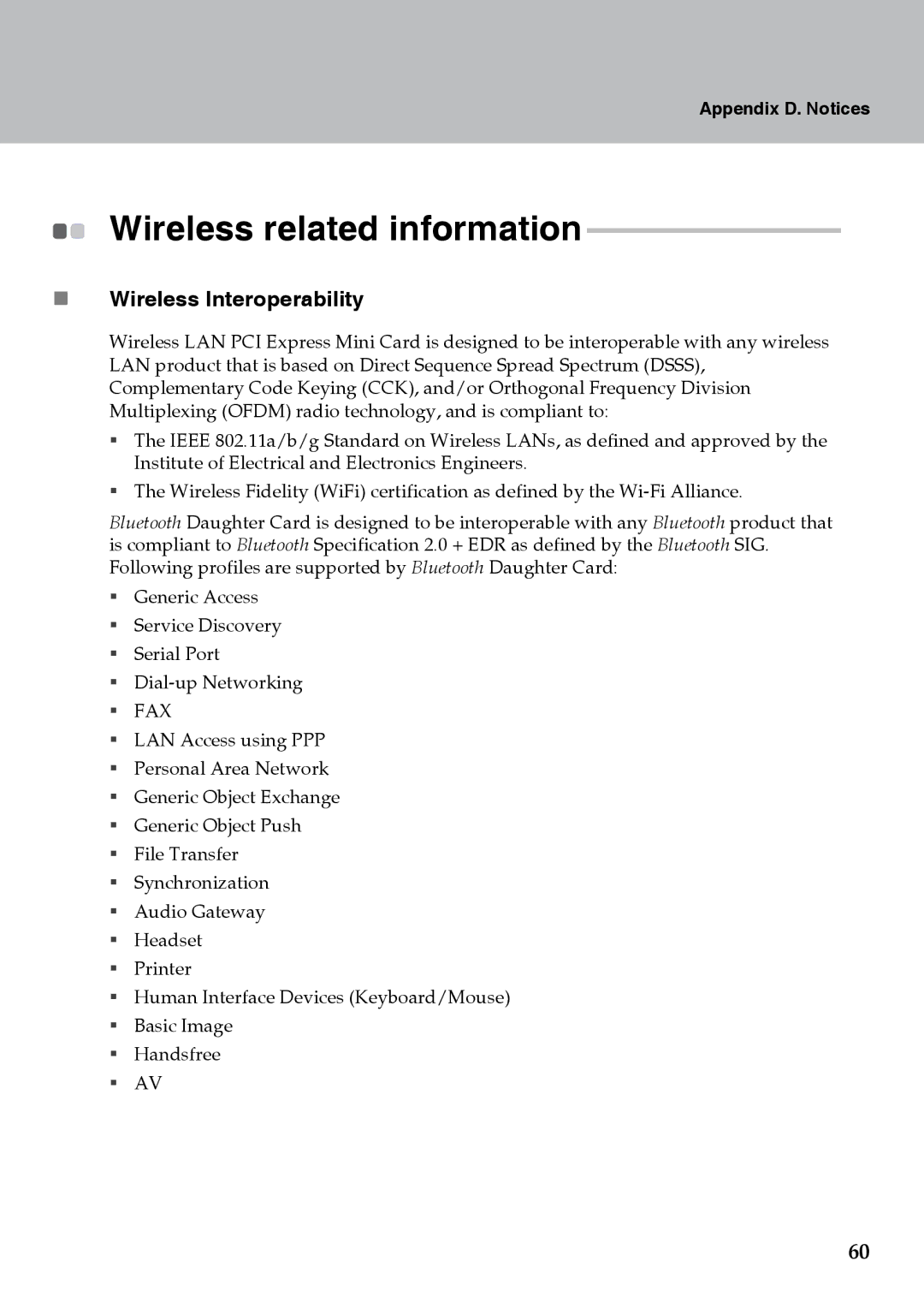 Lenovo Y510 warranty Wireless related information, „ Wireless Interoperability 