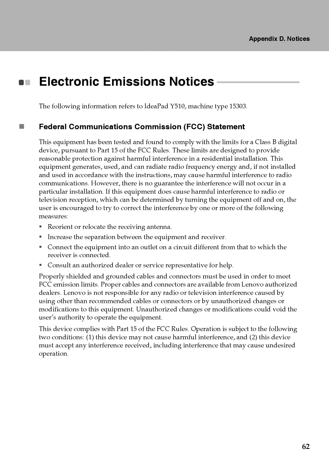 Lenovo Y510 warranty Electronic Emissions Notices, „ Federal Communications Commission FCC Statement 