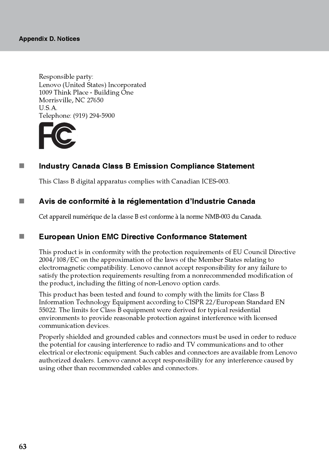 Lenovo Y510 „ Industry Canada Class B Emission Compliance Statement, „ European Union EMC Directive Conformance Statement 