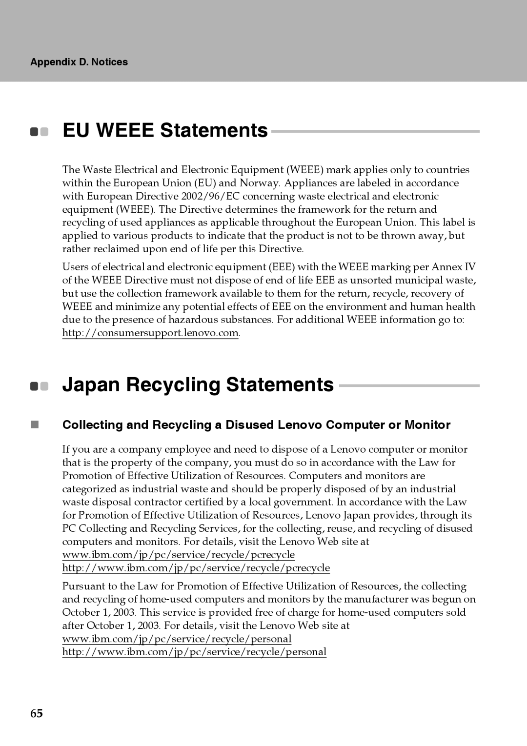 Lenovo Y510 warranty EU Weee Statements, Japan Recycling Statements 