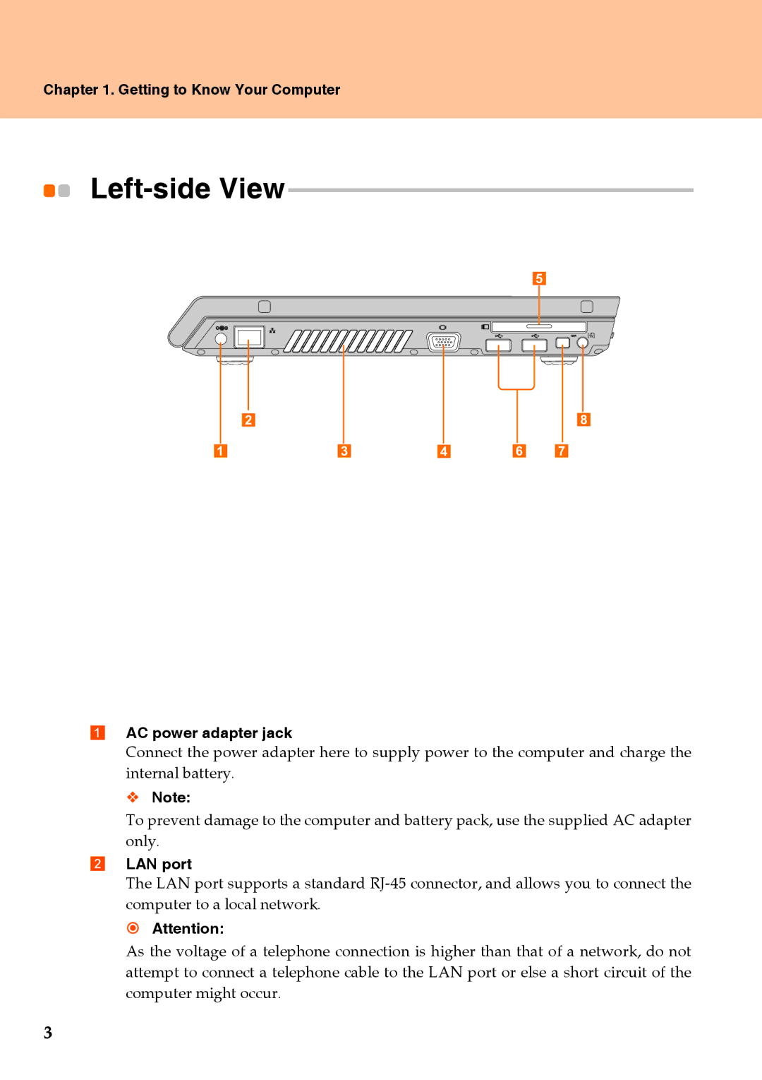 Lenovo Y510 warranty Left-sideView, Getting to Know Your Computer, AC power adapter jack, LAN port, € Attention 