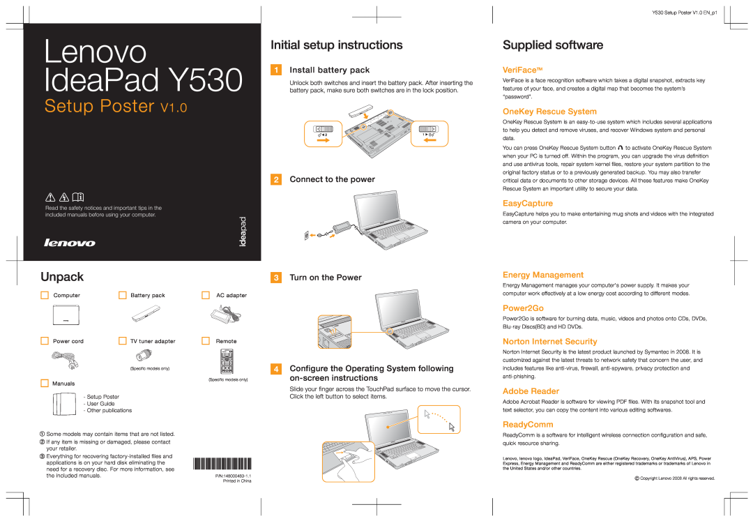 Lenovo manual Lenovo IdeaPad Y530, Setup Poster, Unpack, Initial setup instructions, Supplied software, VeriFaceTM 