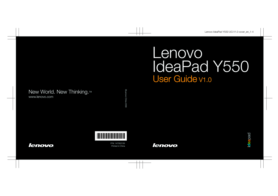 Lenovo manual User Guide, New World. New Thinking.TM, Lenovo IdeaPad Y550 UG V1.0 coveren1-4 