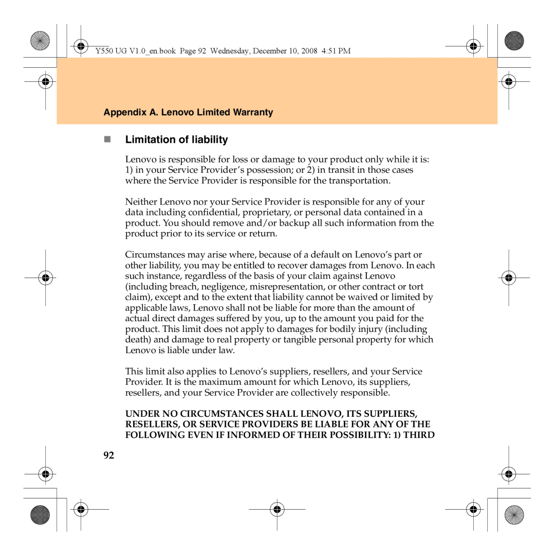 Lenovo Y550 manual „ Limitation of liability, Appendix A. Lenovo Limited Warranty 