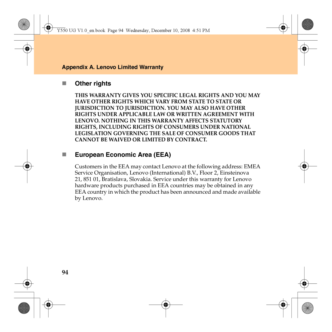 Lenovo Y550 manual „ Other rights, „ European Economic Area EEA, Appendix A. Lenovo Limited Warranty 