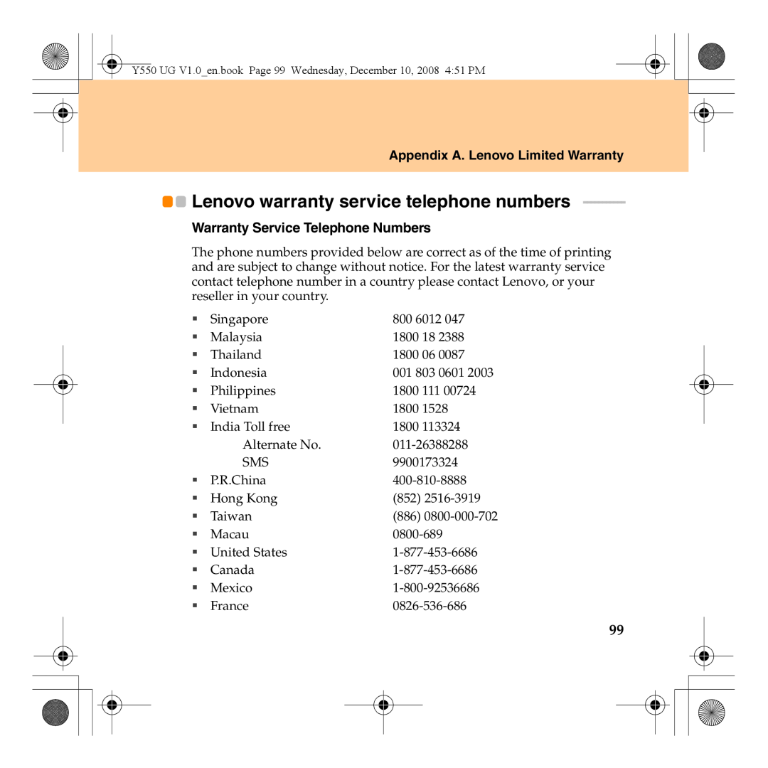 Lenovo Y550 manual Lenovo warranty service telephone numbers, Appendix A. Lenovo Limited Warranty 