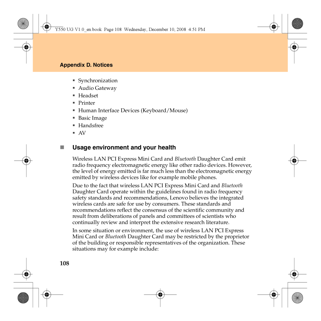 Lenovo Y550 manual „ Usage environment and your health, Appendix D. Notices 