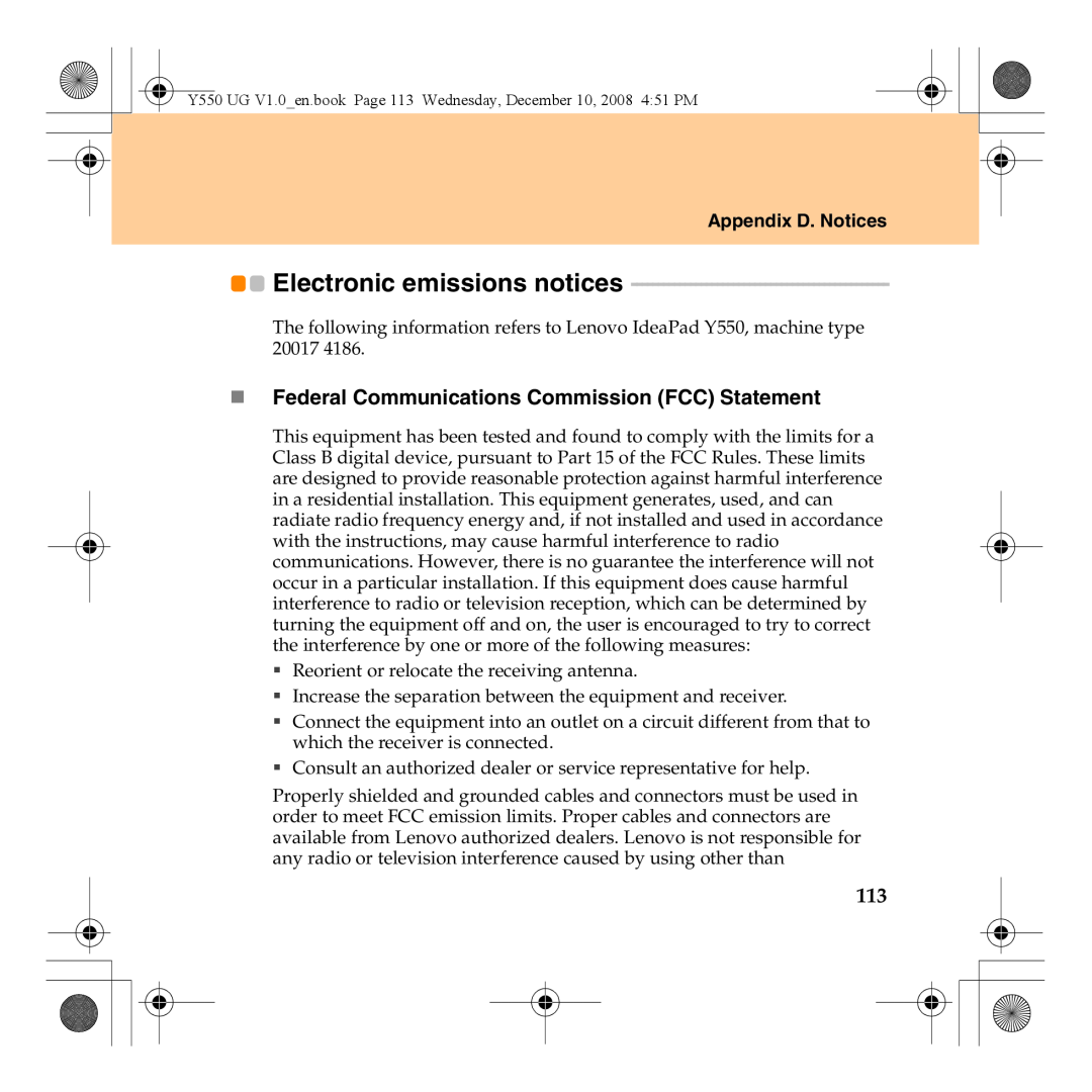 Lenovo Y550 manual Electronic emissions notices, „ Federal Communications Commission FCC Statement, Appendix D. Notices 