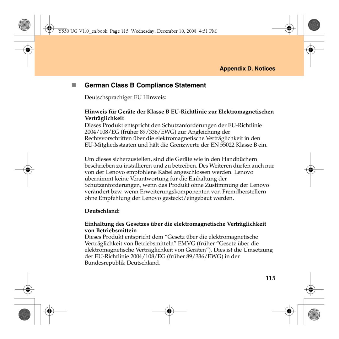 Lenovo Y550 manual „ German Class B Compliance Statement, Appendix D. Notices 