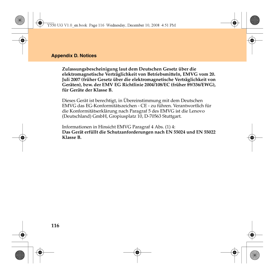 Lenovo Y550 manual Appendix D. Notices, Informationen in Hinsicht EMVG Paragraf 4 Abs. 1 
