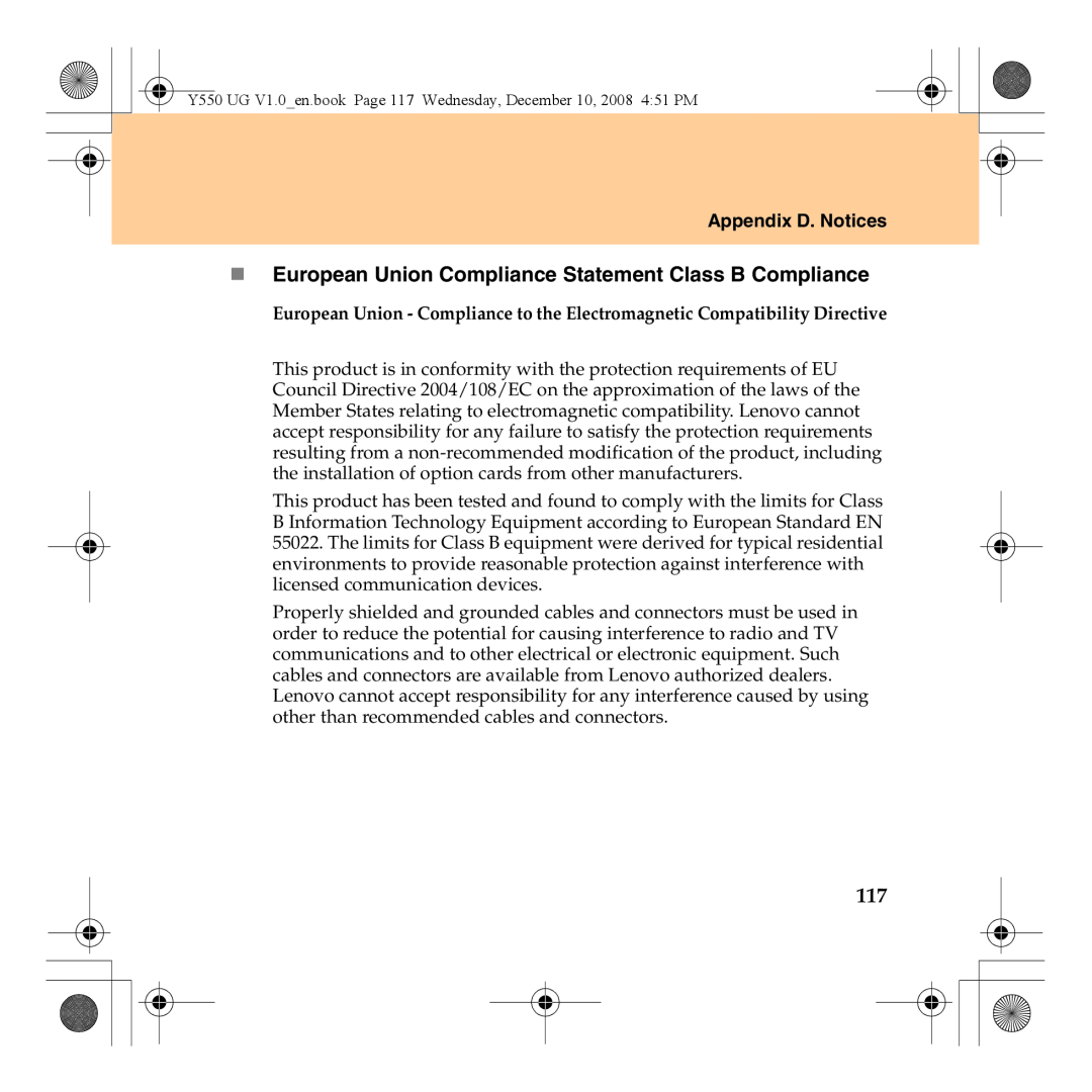 Lenovo Y550 manual „ European Union Compliance Statement Class B Compliance, Appendix D. Notices 