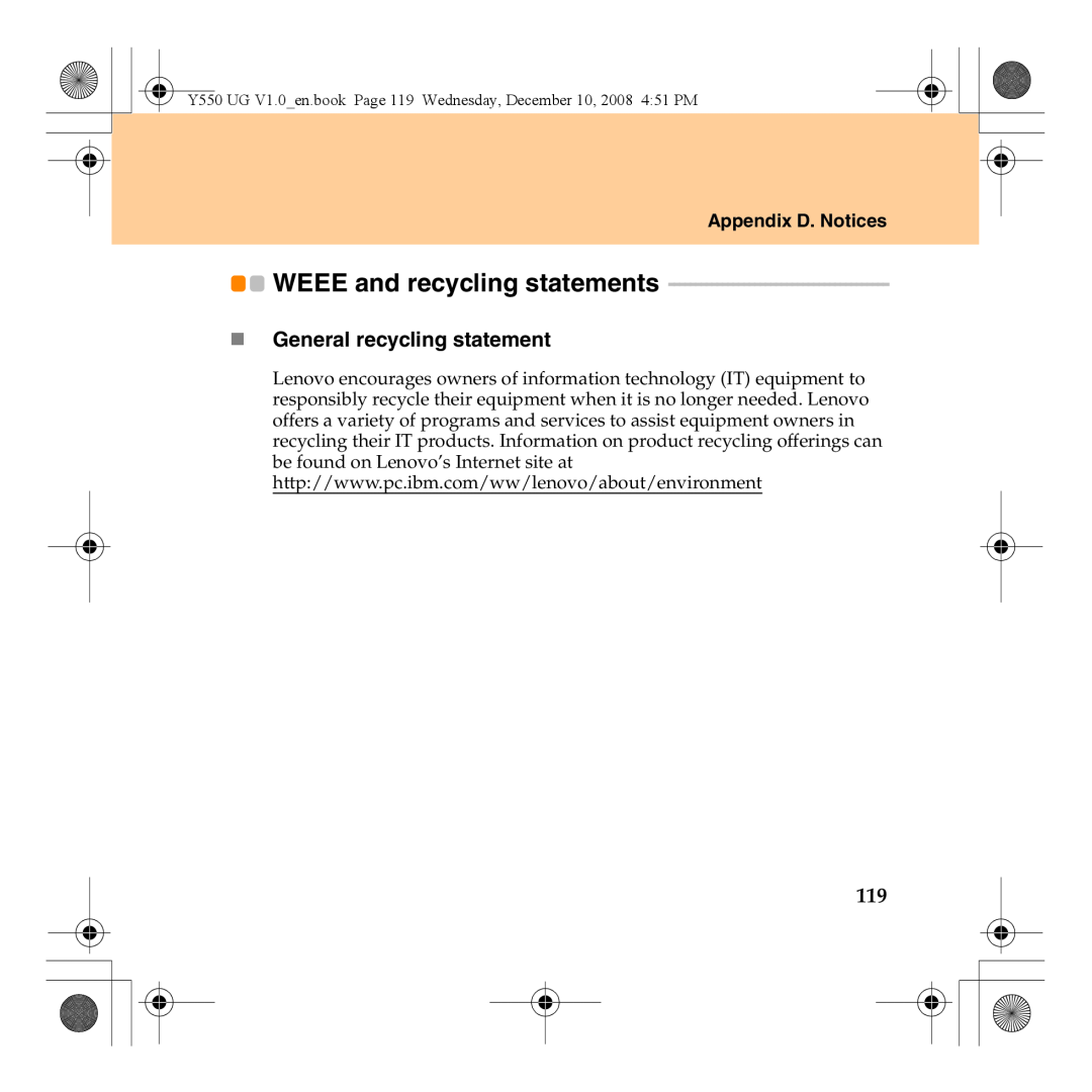 Lenovo Y550 manual WEEE and recycling statements, „ General recycling statement, Appendix D. Notices 