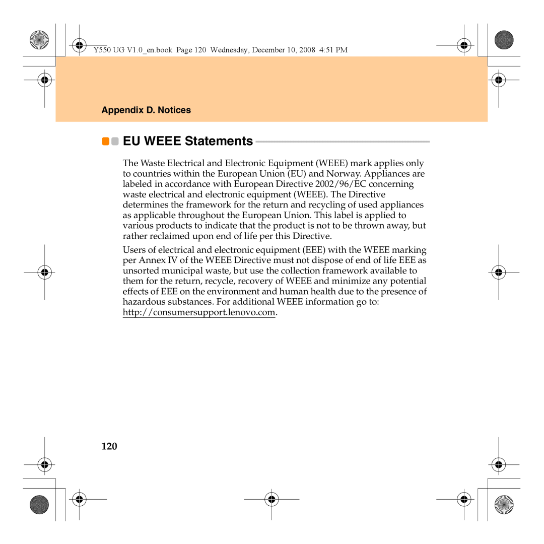 Lenovo manual EU WEEE Statements, Appendix D. Notices, Y550 UG V1.0en.book Page 120 Wednesday, December 10, 2008 451 PM 