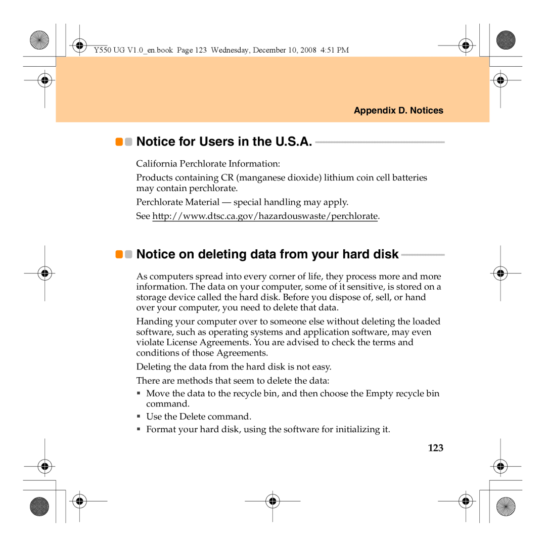 Lenovo Y550 manual Notice for Users in the U.S.A, Notice on deleting data from your hard disk, Appendix D. Notices 